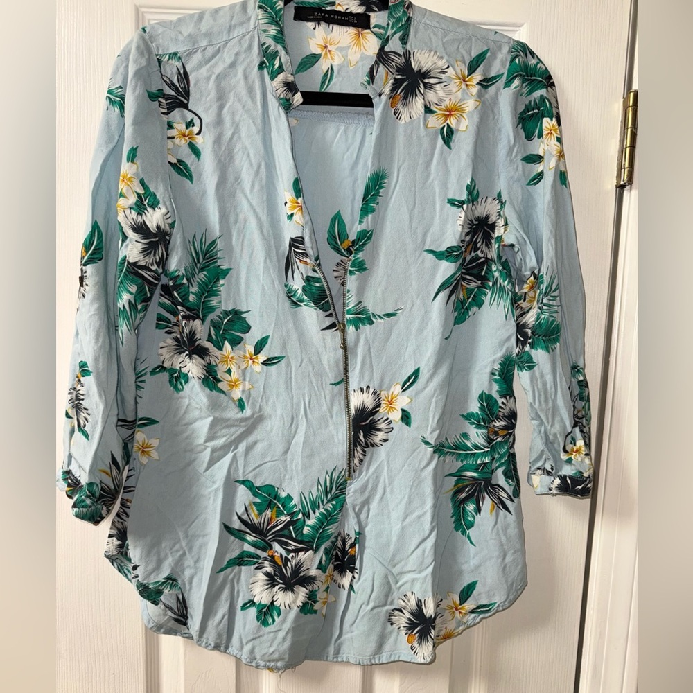 Zara Floral Print Zip Up Blouse